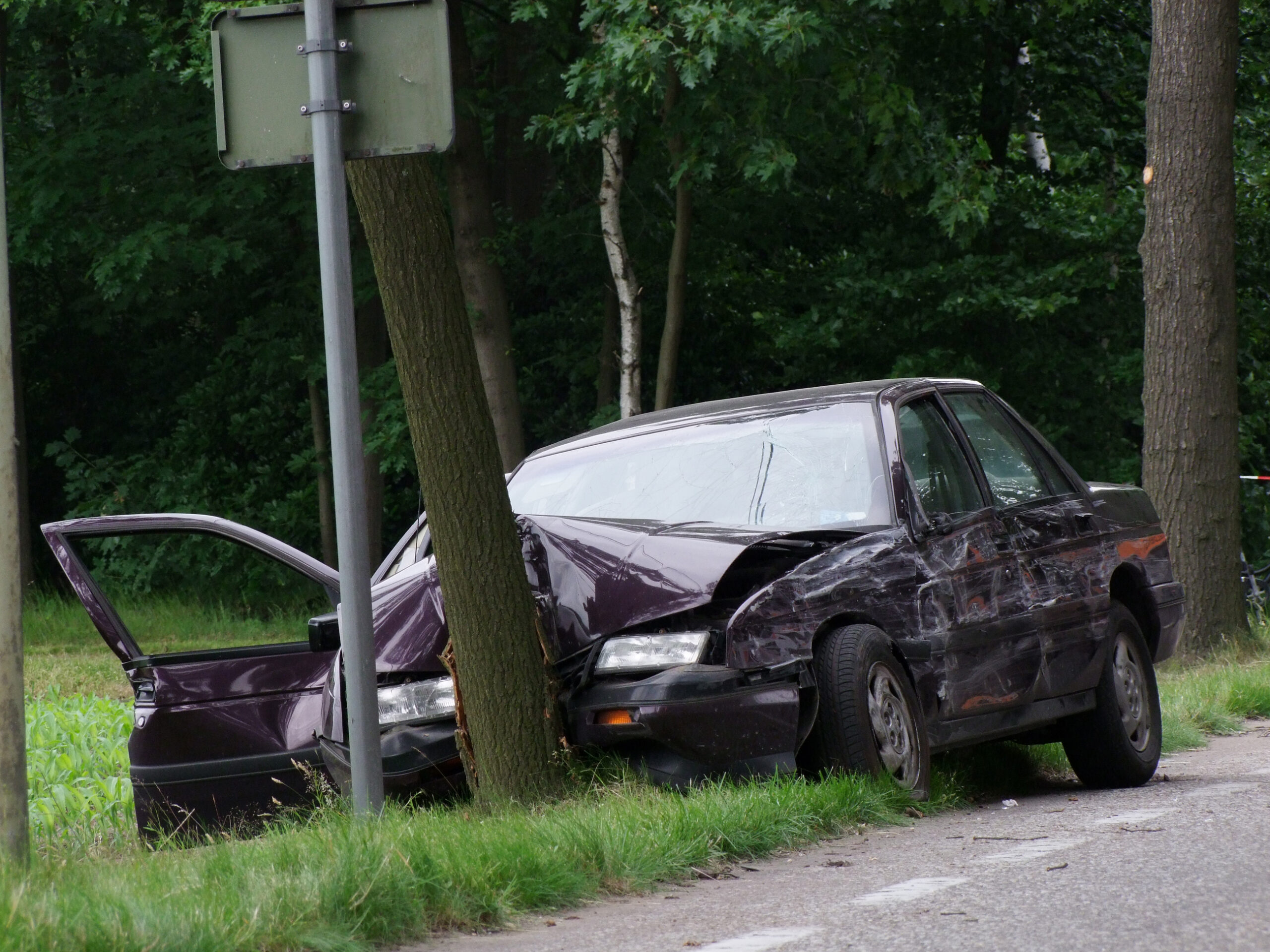 a car crashed head-on into a tree in a single-car accident.