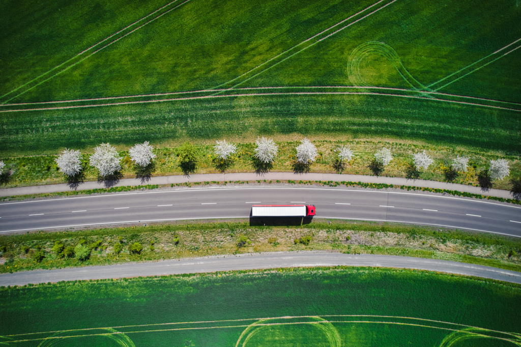 arial view of a truck on a highway