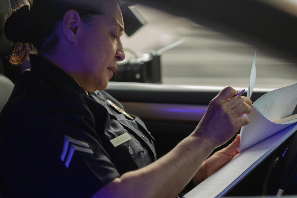 An officer reviews the police report she is filing after a car accident.